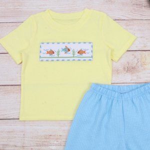 Little Boy Seersucker Fish Smocked Shorts and Shirt Set